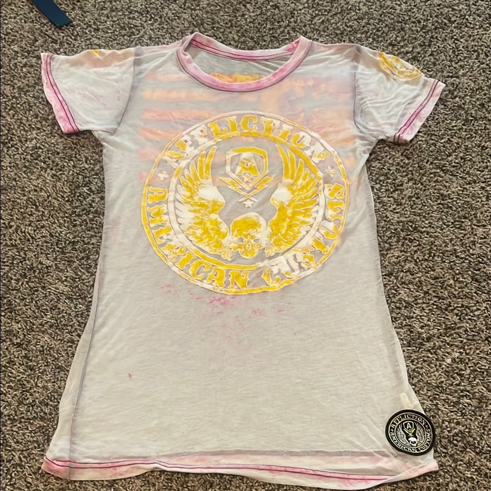 Affliction White Tee with Yellow and Pink Accents